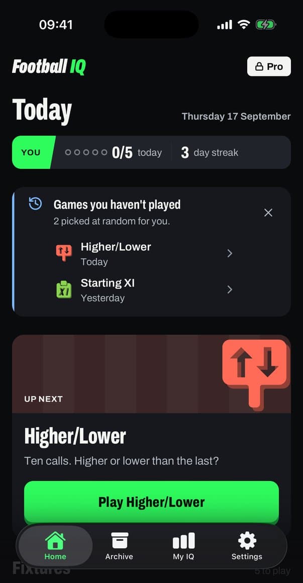 The new app home screen: the title Today, a Scorebug reading 0 of 5 today and a 3 day streak, a notice of two games you haven't played, then an Up Next hero for Higher/Lower with one green Play button.