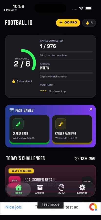 The old app home screen: a dark card with a circular daily-goal dial reading 2 of 6, a games-completed bar, a purple Past Games banner and a Today's Challenges list.