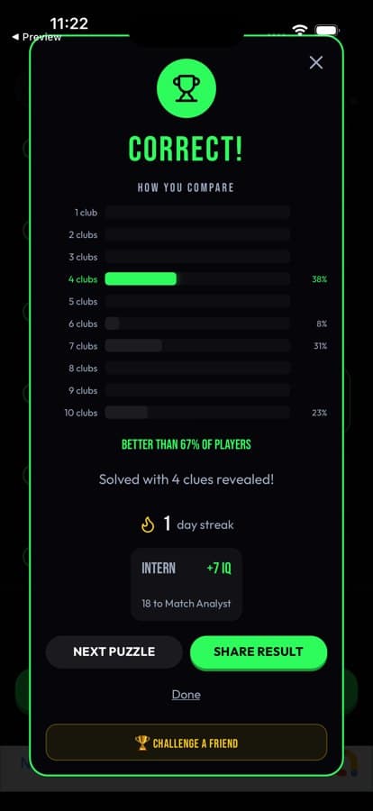 The old result sheet: a green disc holding a trophy icon, the word CORRECT in green capitals, a distribution chart, and four stacked buttons including Challenge a friend.
