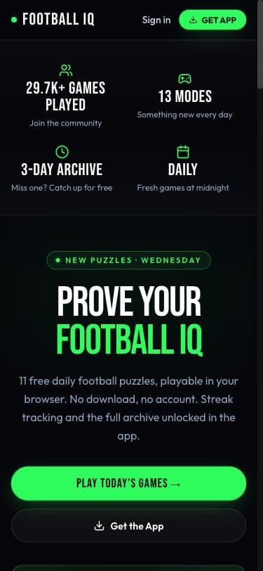The old website front page: a four-cell stat grid with icons, then the headline Prove Your Football IQ in condensed capitals above two pill buttons.